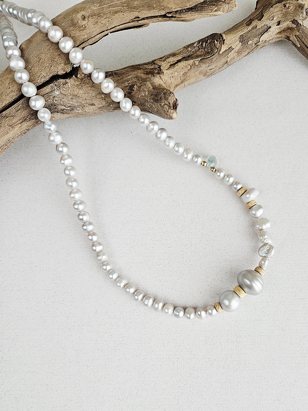 White Freshwater Pearl Necklace with Blue Topaz Accent