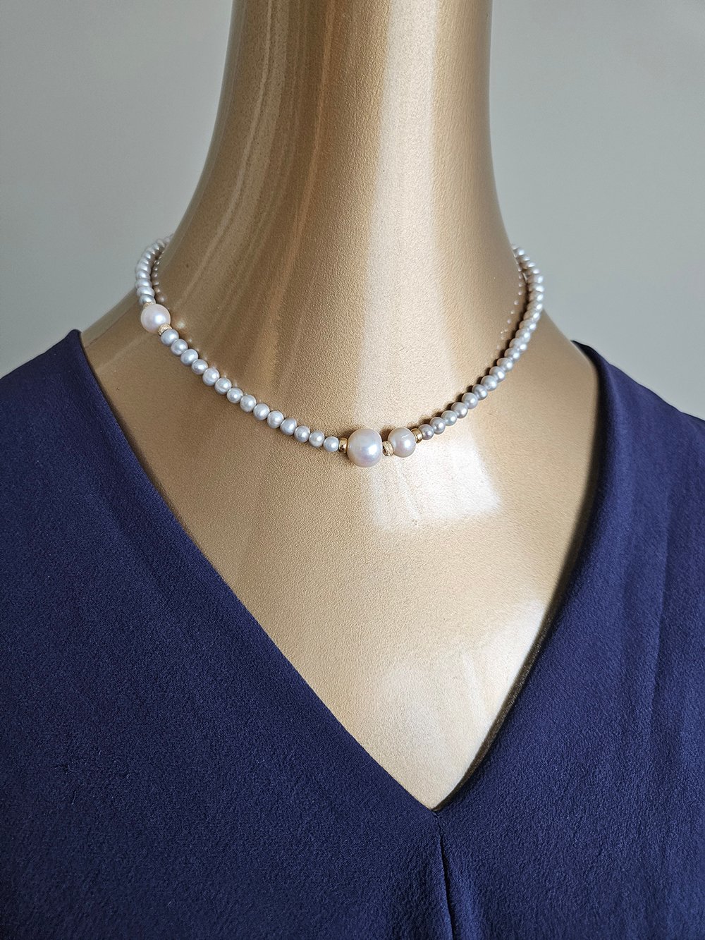 White Freshwater Pearl Necklace with Gold Spacers - Image 4