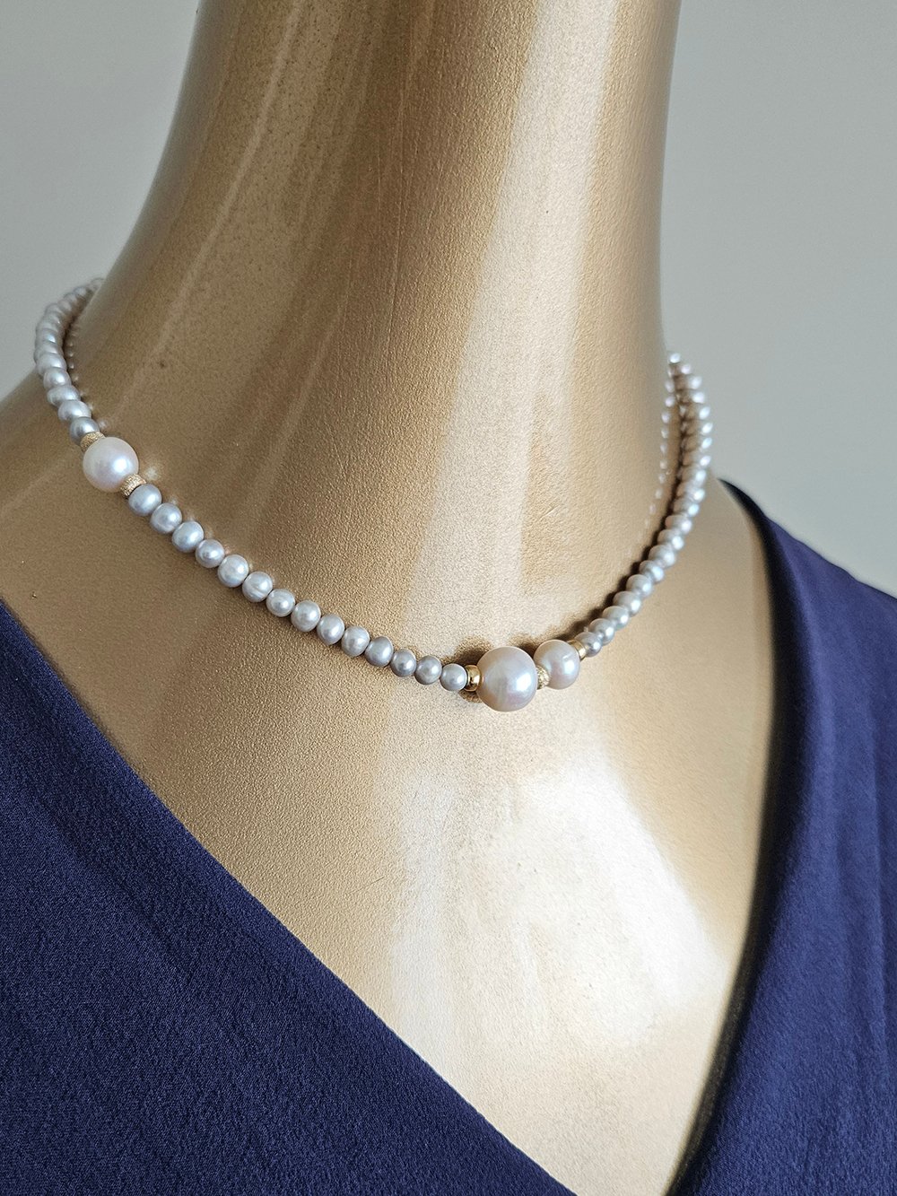 White Freshwater Pearl Necklace with Gold Spacers - Image 2
