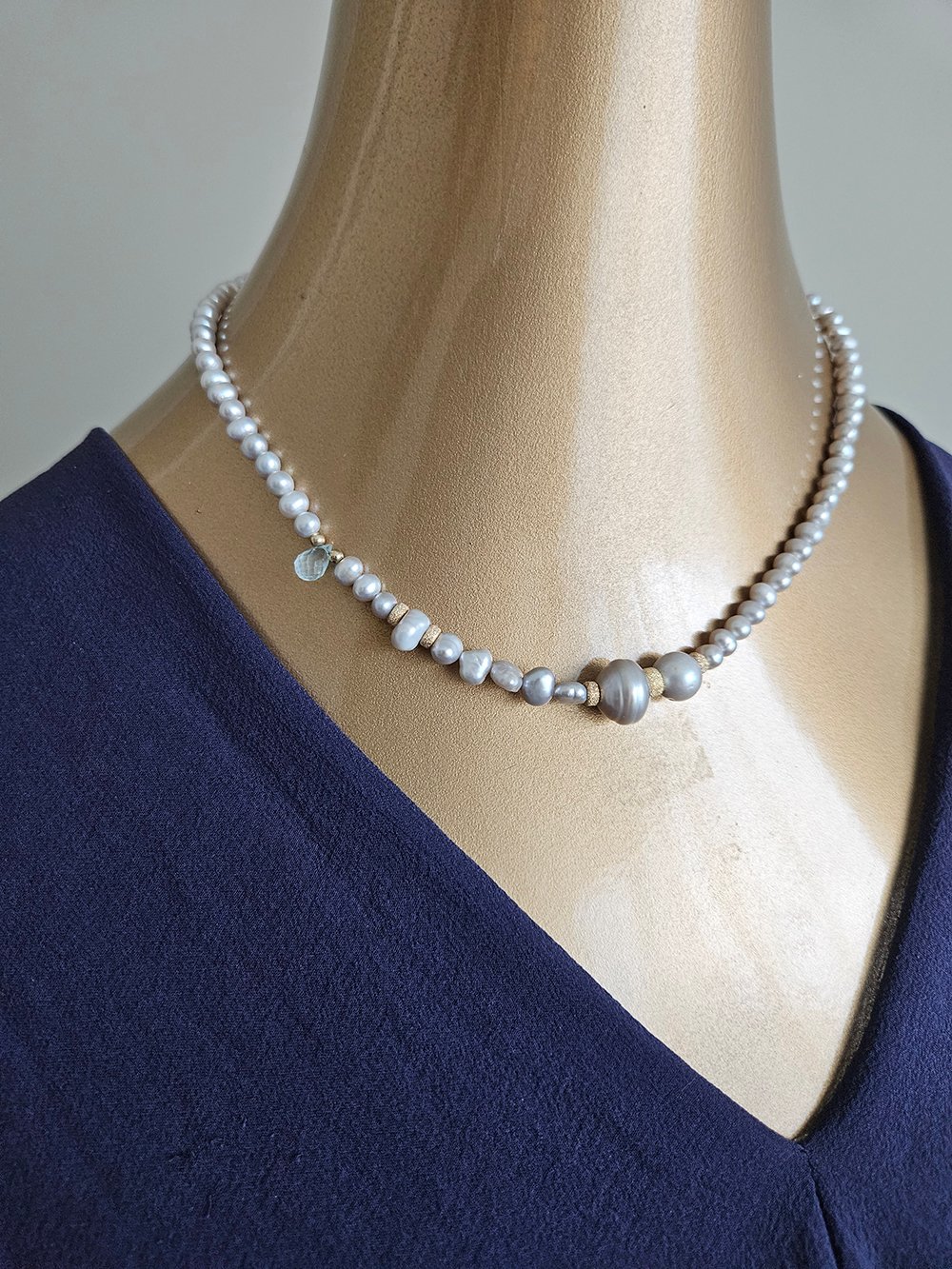 White Freshwater Pearl Necklace with Blue Topaz Accent - Image 4