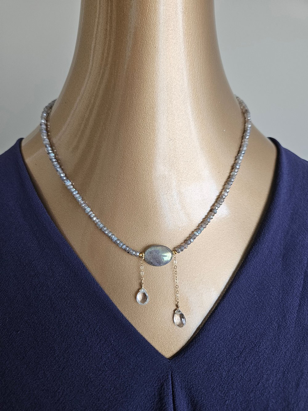 Mystique Labradorite Oval Pendant Necklace with White Topaz - Image 2