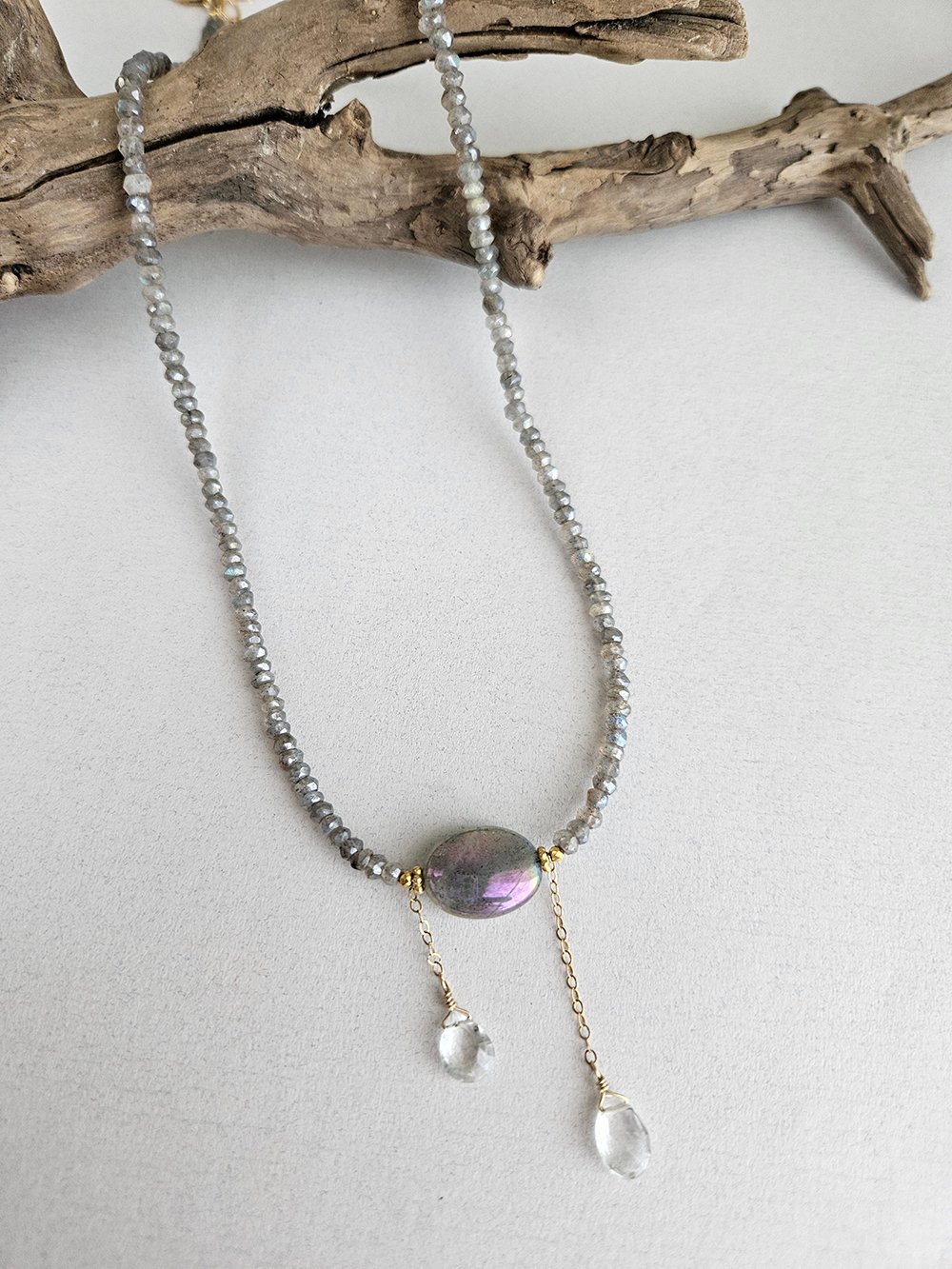 Mystique Labradorite Oval Pendant Necklace with White Topaz - Image 3