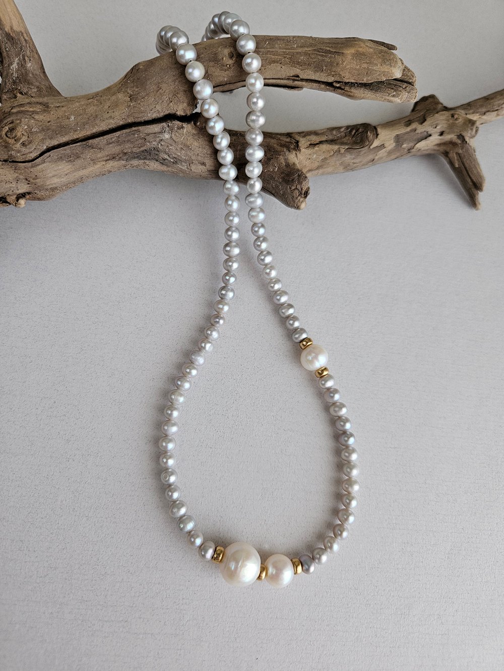 White Freshwater Pearl Necklace with Gold Spacers - Image 3