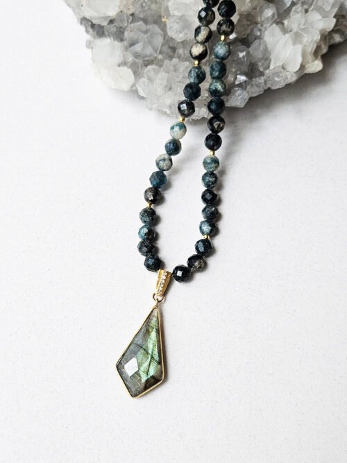 Faceted Labradorite Tourmaline Necklace with Diamond-Studded Avaasi Bail