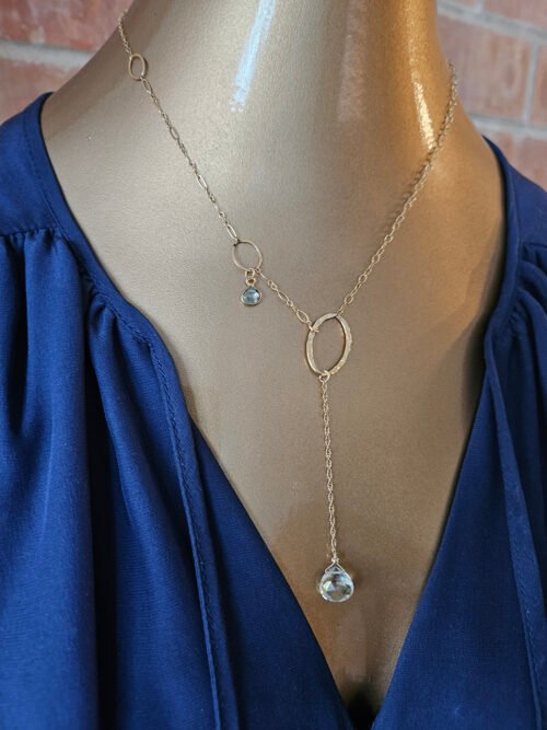 Green Amethyst & Blue Topaz Y Necklace | 14k Gold Filled