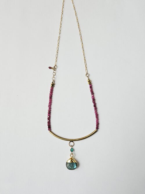 Labradorite and Ruby Necklace with Green Enamel and 14k Gold-Filled Chain