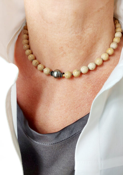 Tahitian Pearl, Jasper beads necklace – N 2462