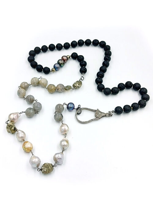 Diamond Clasp, Labradorite, Baroque Pearls, Lava – N 2598